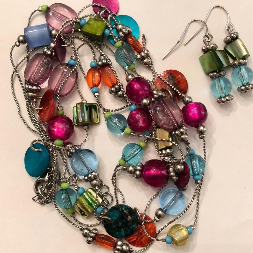 Silver & Multicolor Stone/Bead Necklace & Earrings